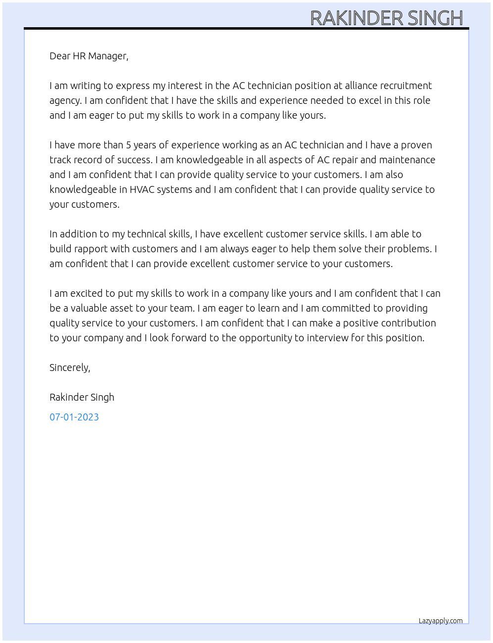 AC technician  At alliance recruitment agency Cover Letter