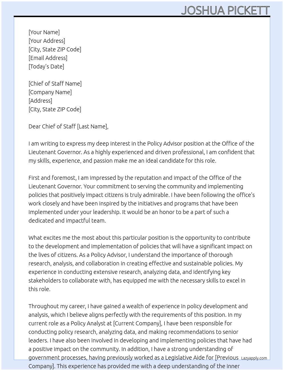 Policy Advisor  At Office of the Lieutenant Governor Cover Letter