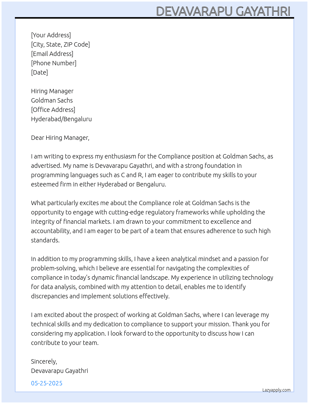 Compliance  At Goldman Sachs  Cover Letter