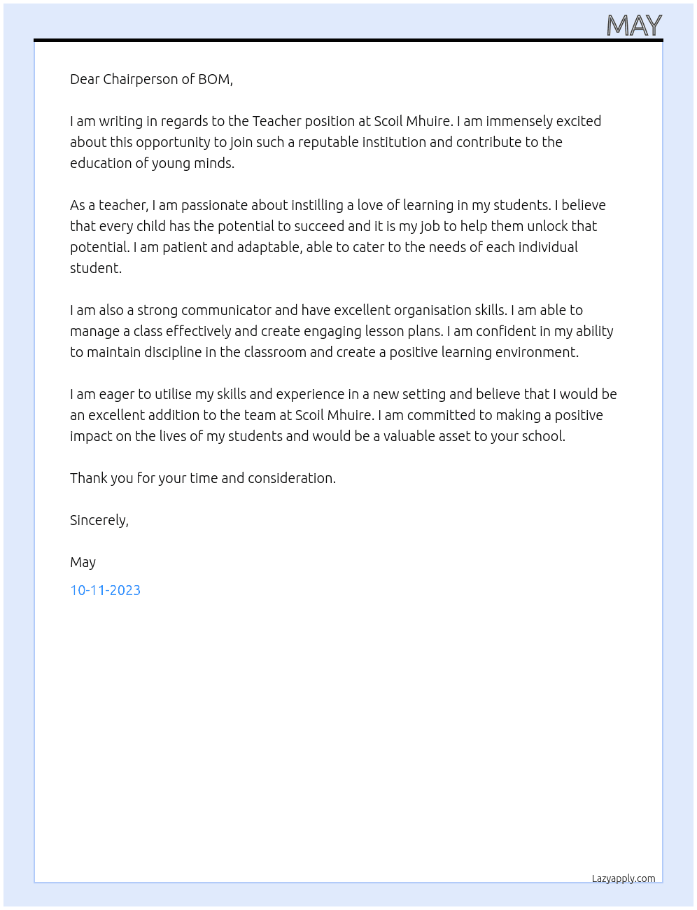 Teacher  At Scoil Mhuire Cover Letter