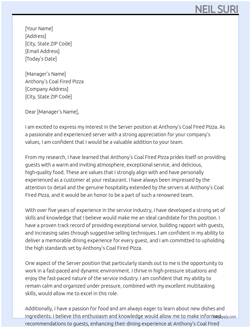 Server At Anthony's Coal Fired Pizza Cover Letter