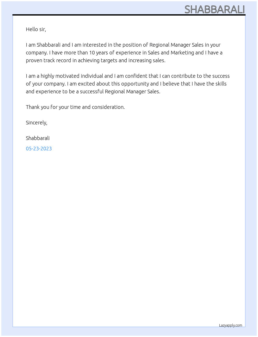 Regional Manager Sales At human resources Cover Letter