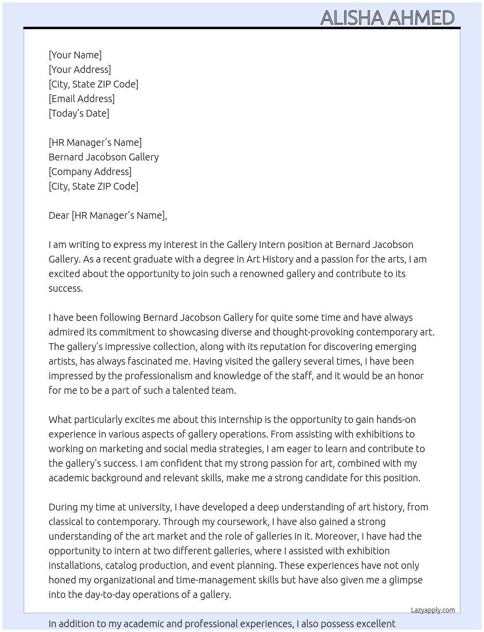 Gallery Intern  At Bernard Jacobson Gallery  Cover Letter