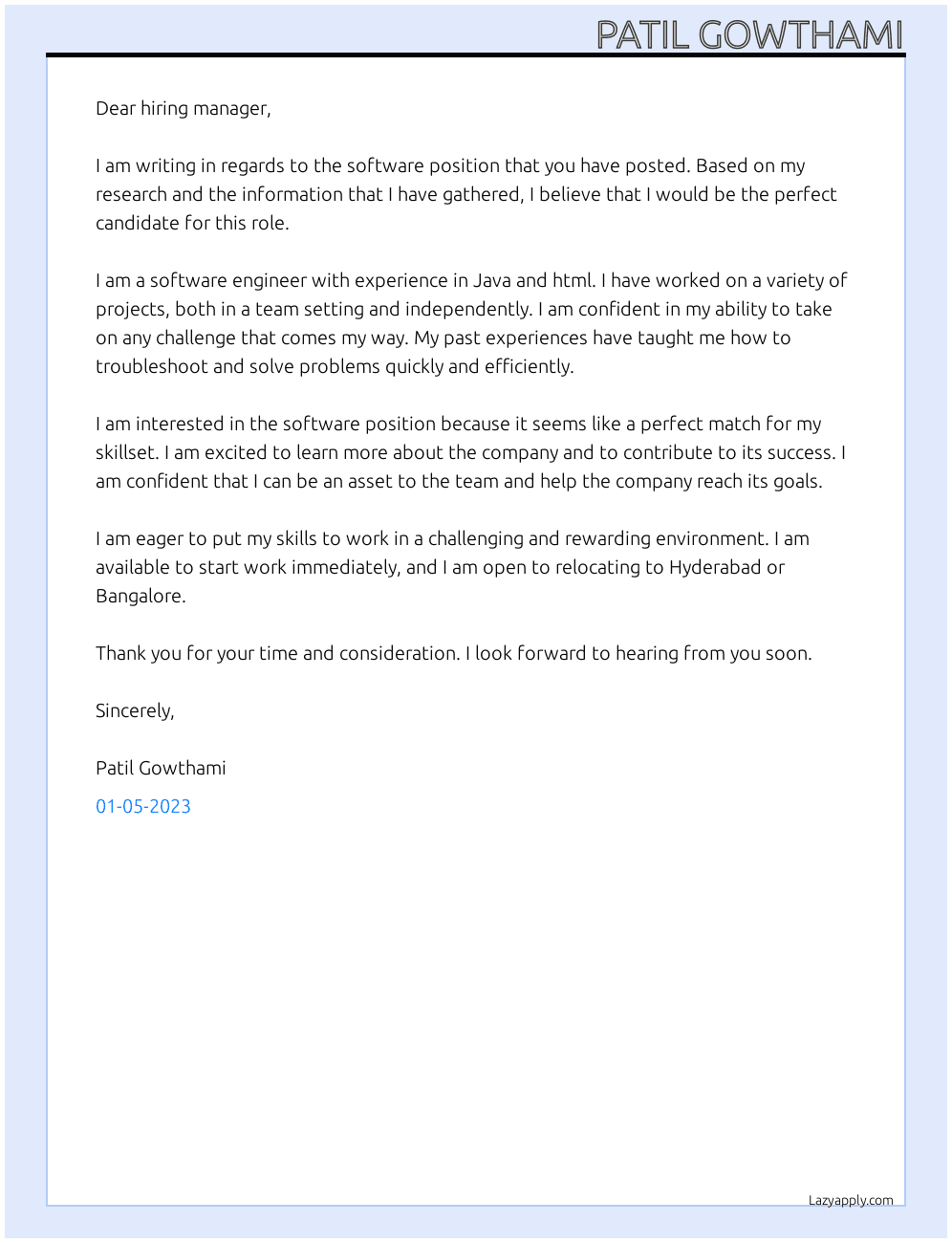 Software At Any  software company  Cover Letter