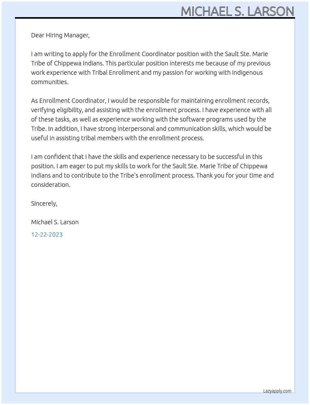 Enrollment Coordinator At Sault Ste. Marie Tribe of Chippewa Indians Cover Letter