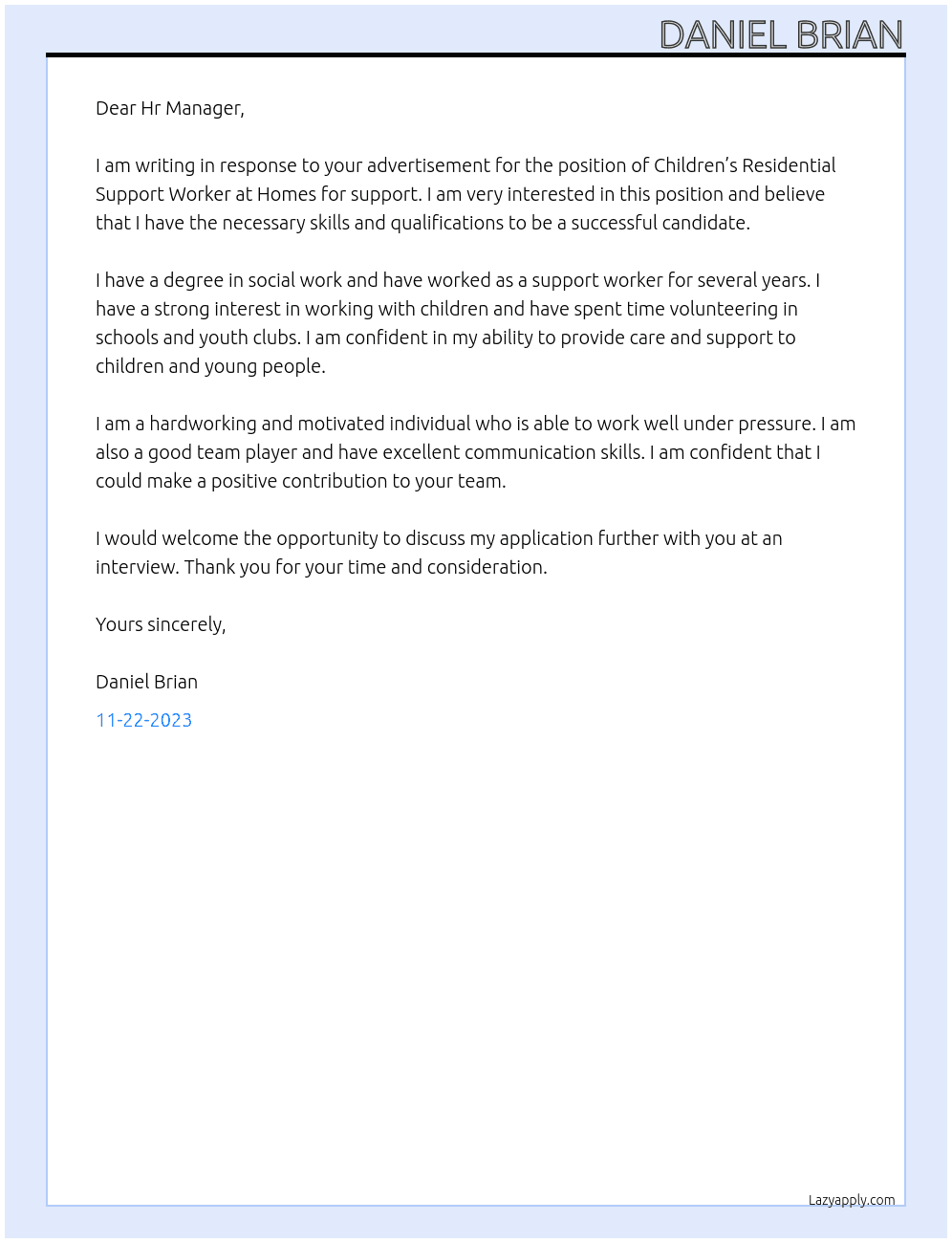Children’s Residential Support Worker  At Homes for support  Cover Letter