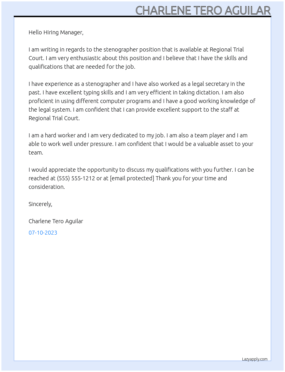 stenographer At Regional Trial Court Cover Letter
