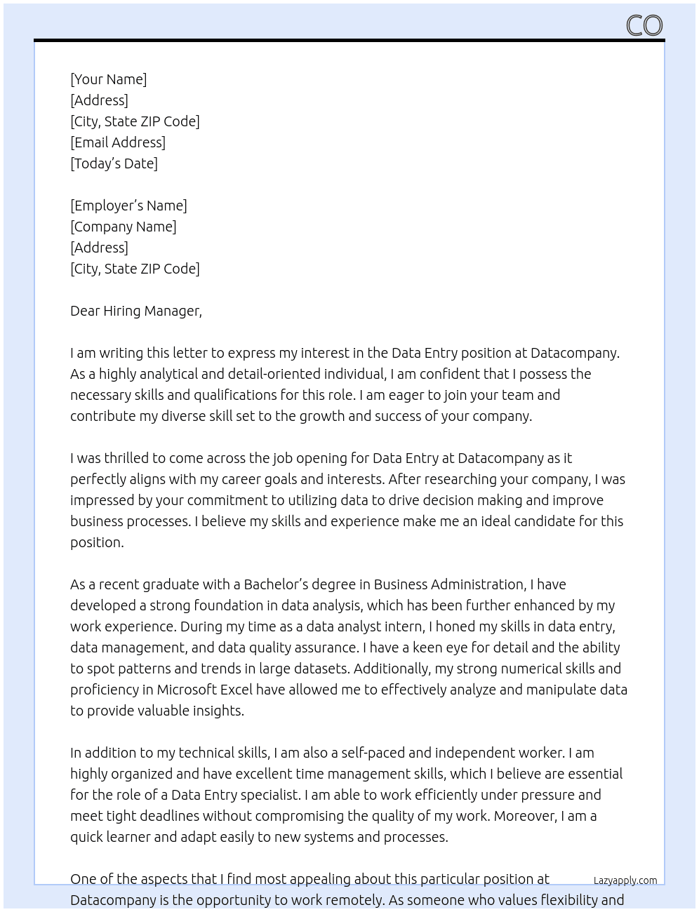 Data entry  At Datacompany Cover Letter