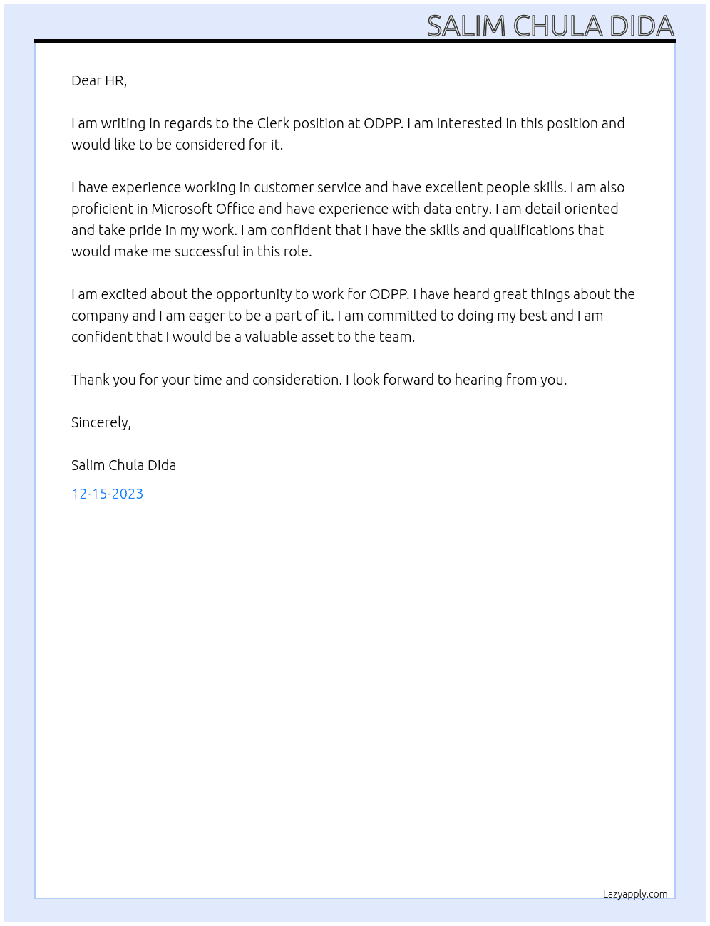 CLERK At ODPP Cover Letter
