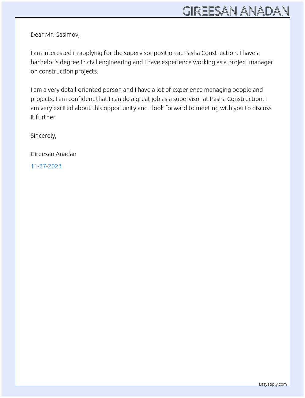 supervisor At pasha construction Cover Letter