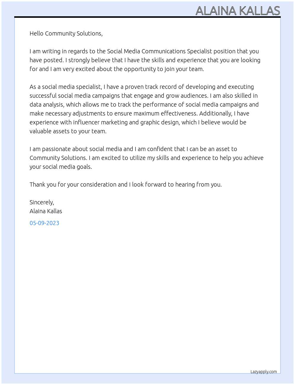 Social Media Communications Specialist At Community Solutions Cover Letter