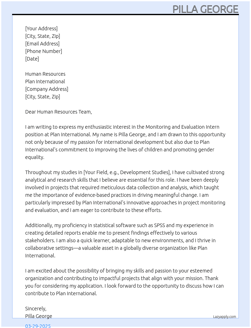 Cover letter for monitoring and evaluation intern - LazyApply