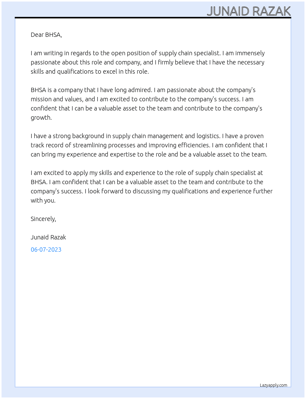 Supply chain specialist At BHSA Cover Letter