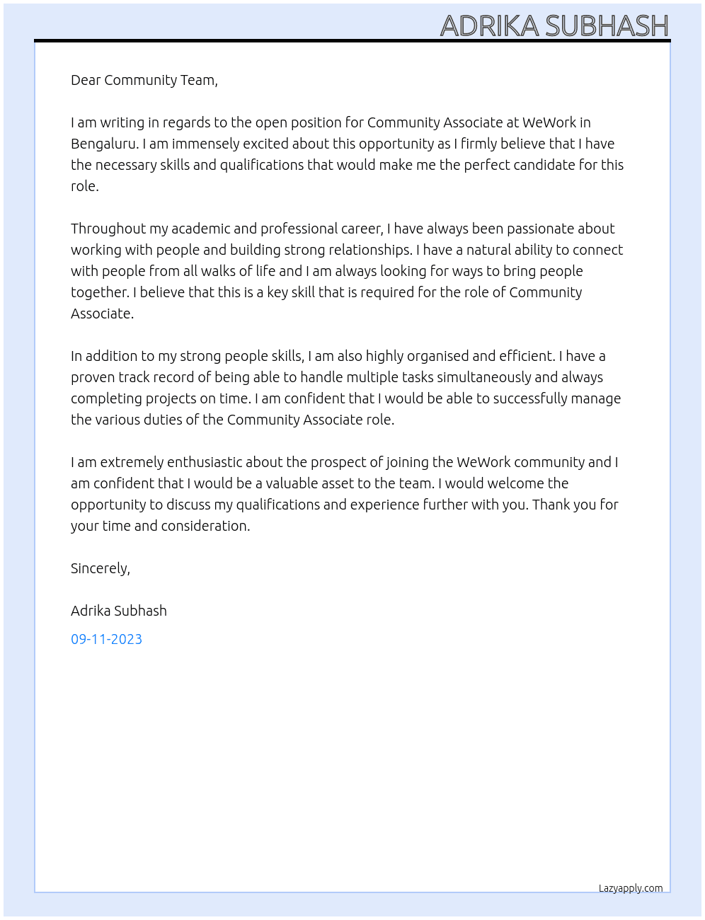 community associate At wework Cover Letter