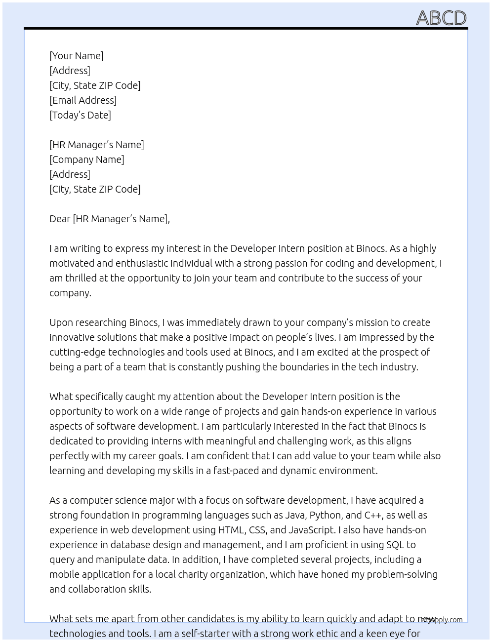 Developer Intern At Binocs Cover Letter