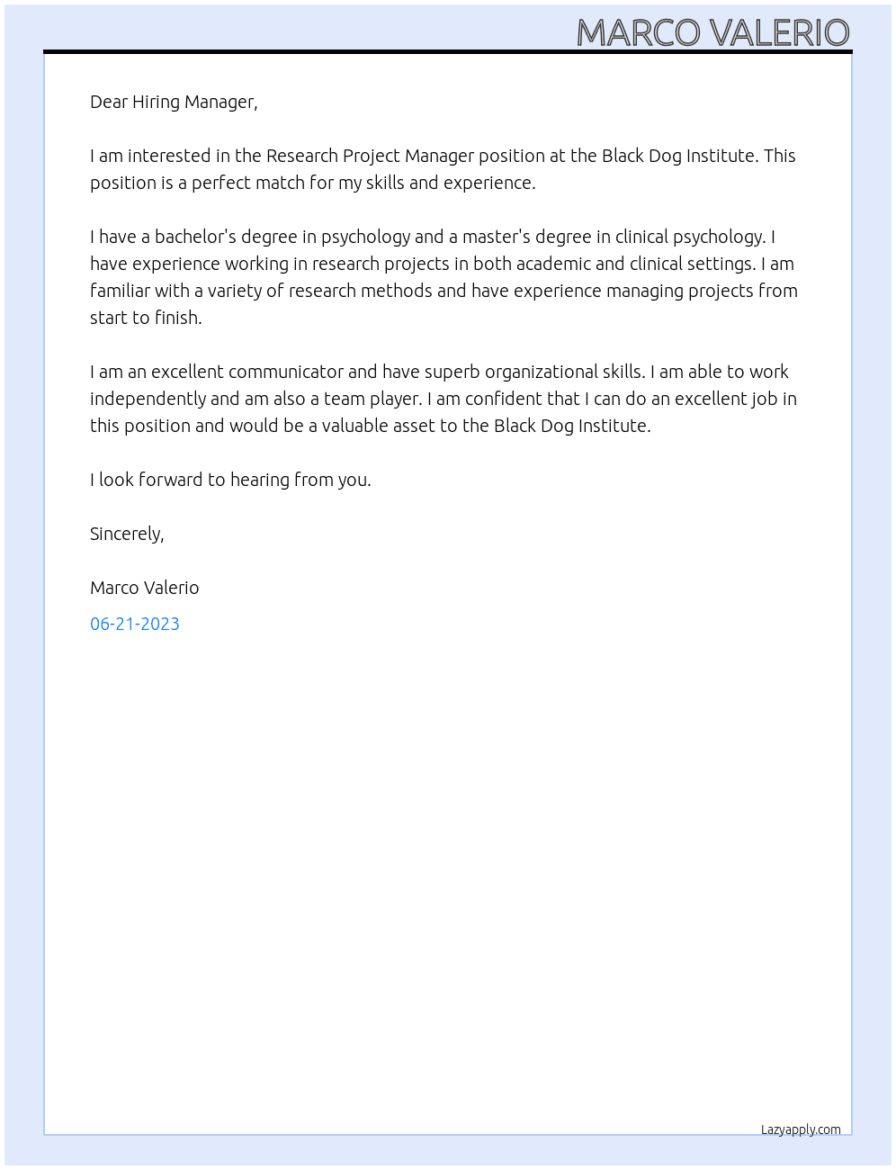 Research Project Manager At Black Dog Institute Cover Letter