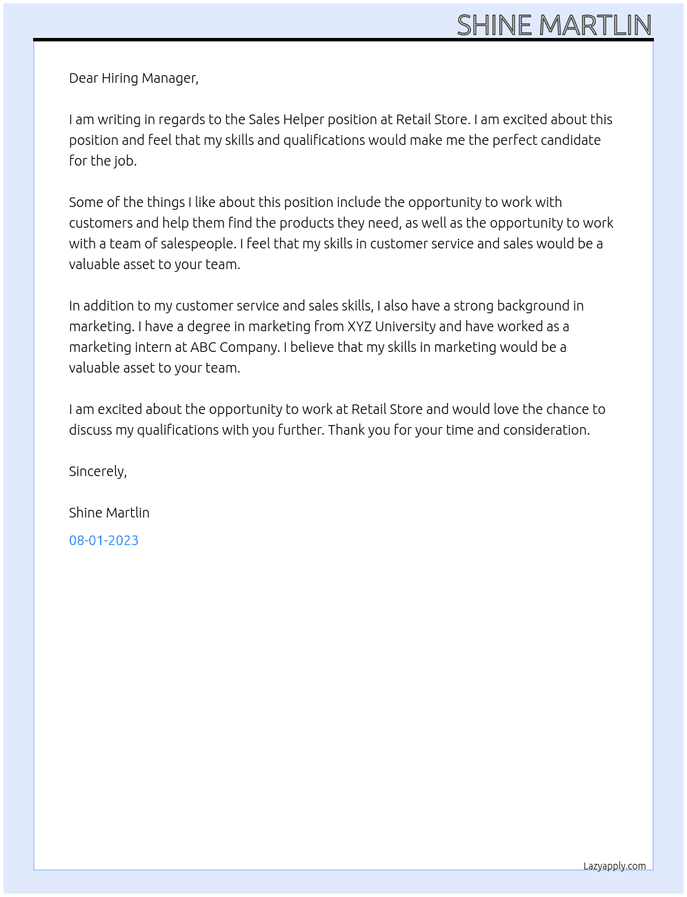 Sales Helper At Retail Store Cover Letter
