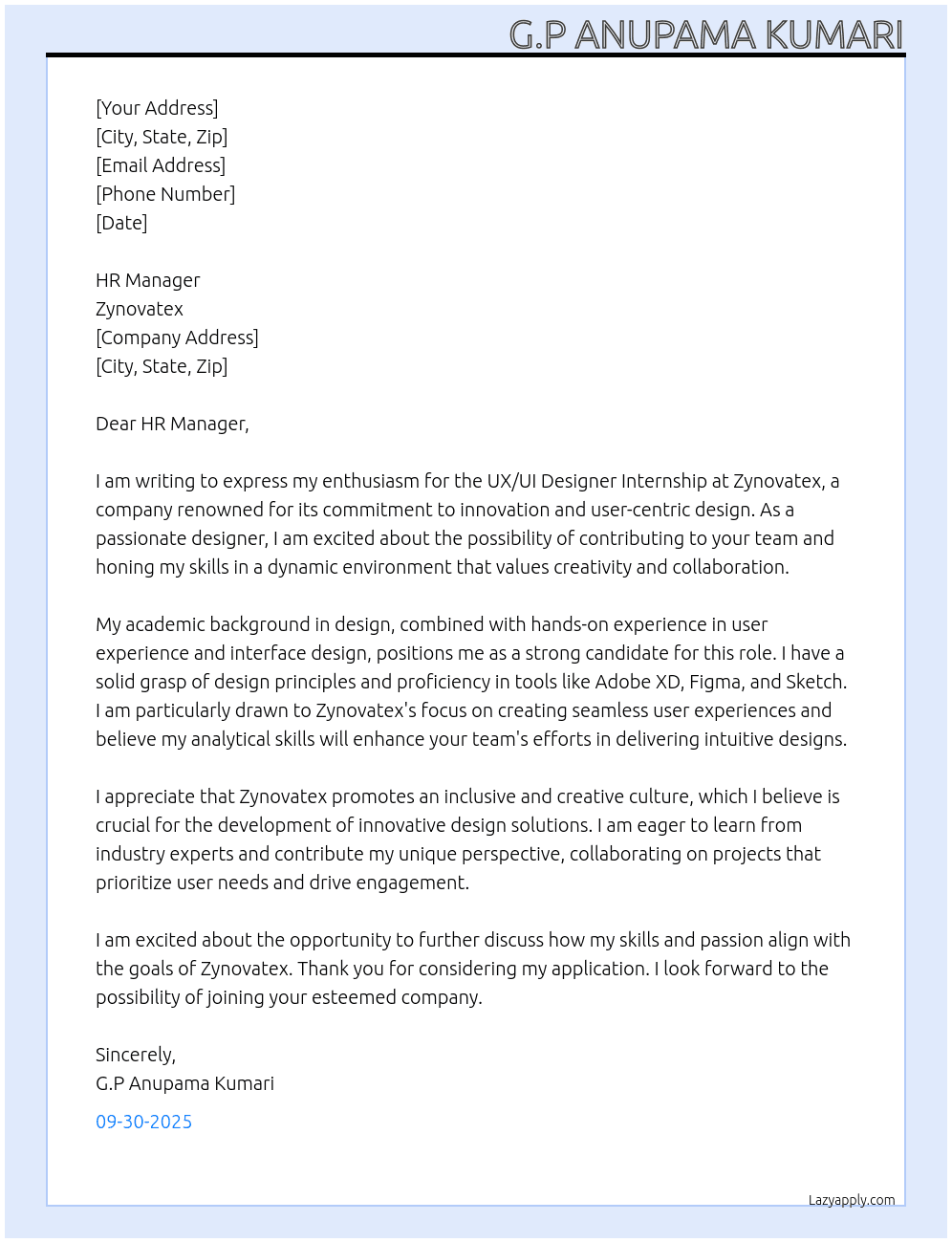 UX UI designer internship At Zynovatex Cover Letter