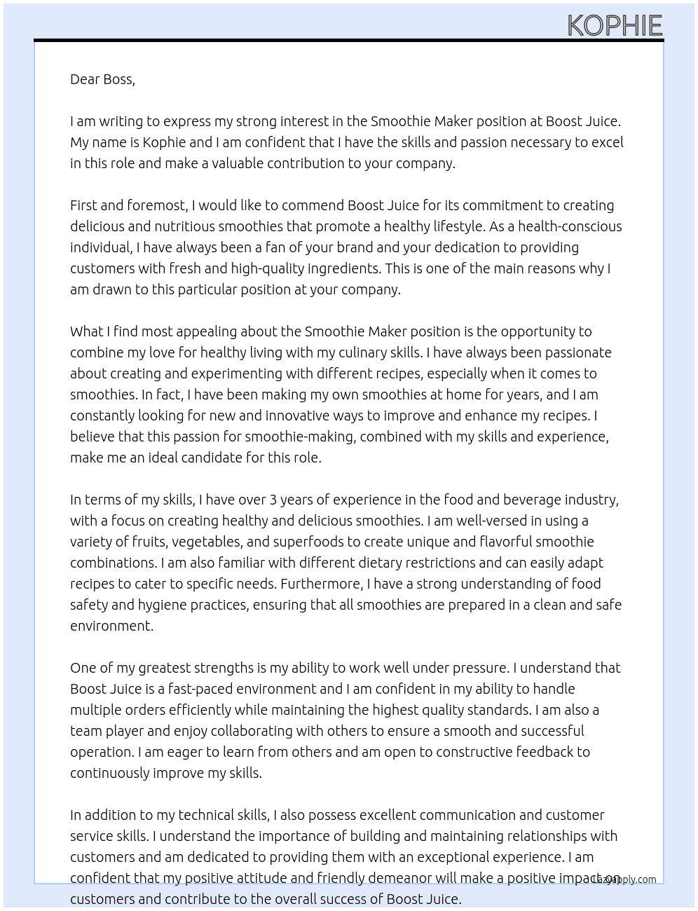 smothie maker At boost juice Cover Letter