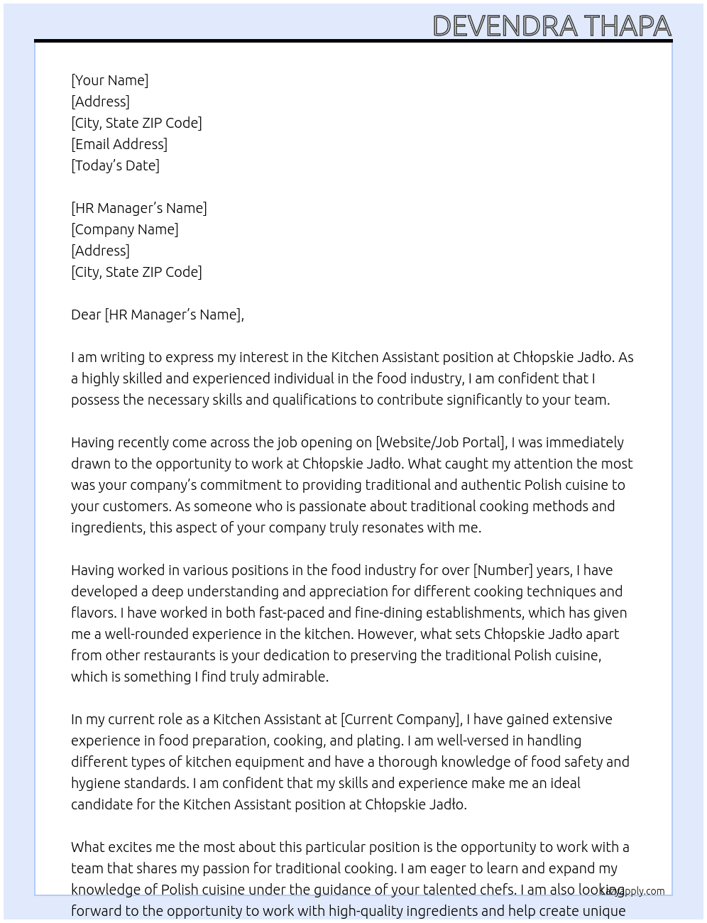 kitchen assitant At Chłopskie Jadło Cover Letter