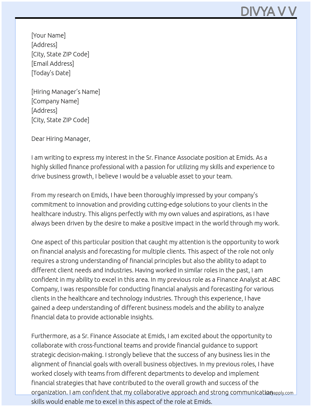 Sr. Finance Associate At Emids Cover Letter