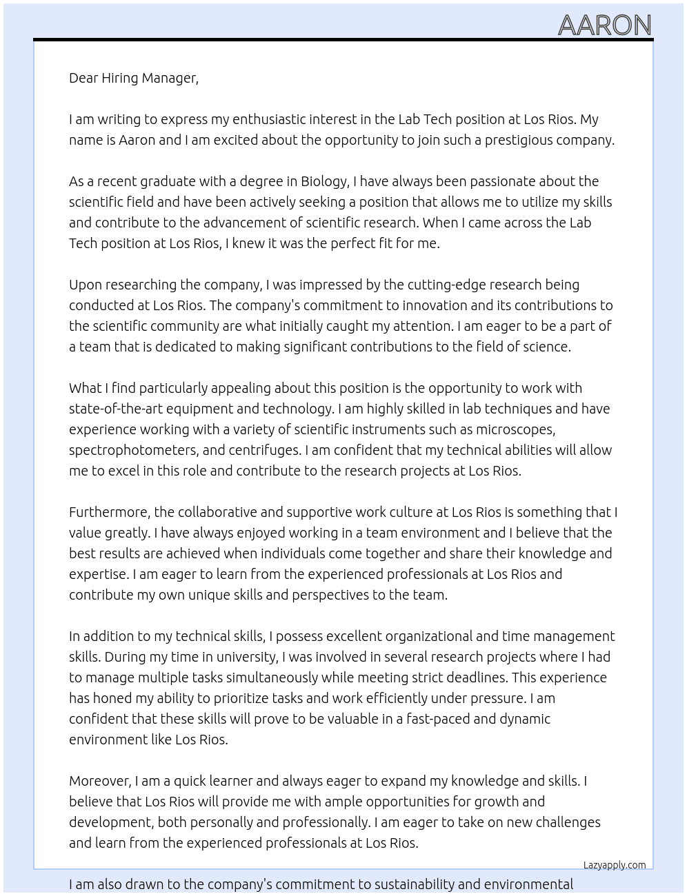 Lab Tech At Los Rios Cover Letter