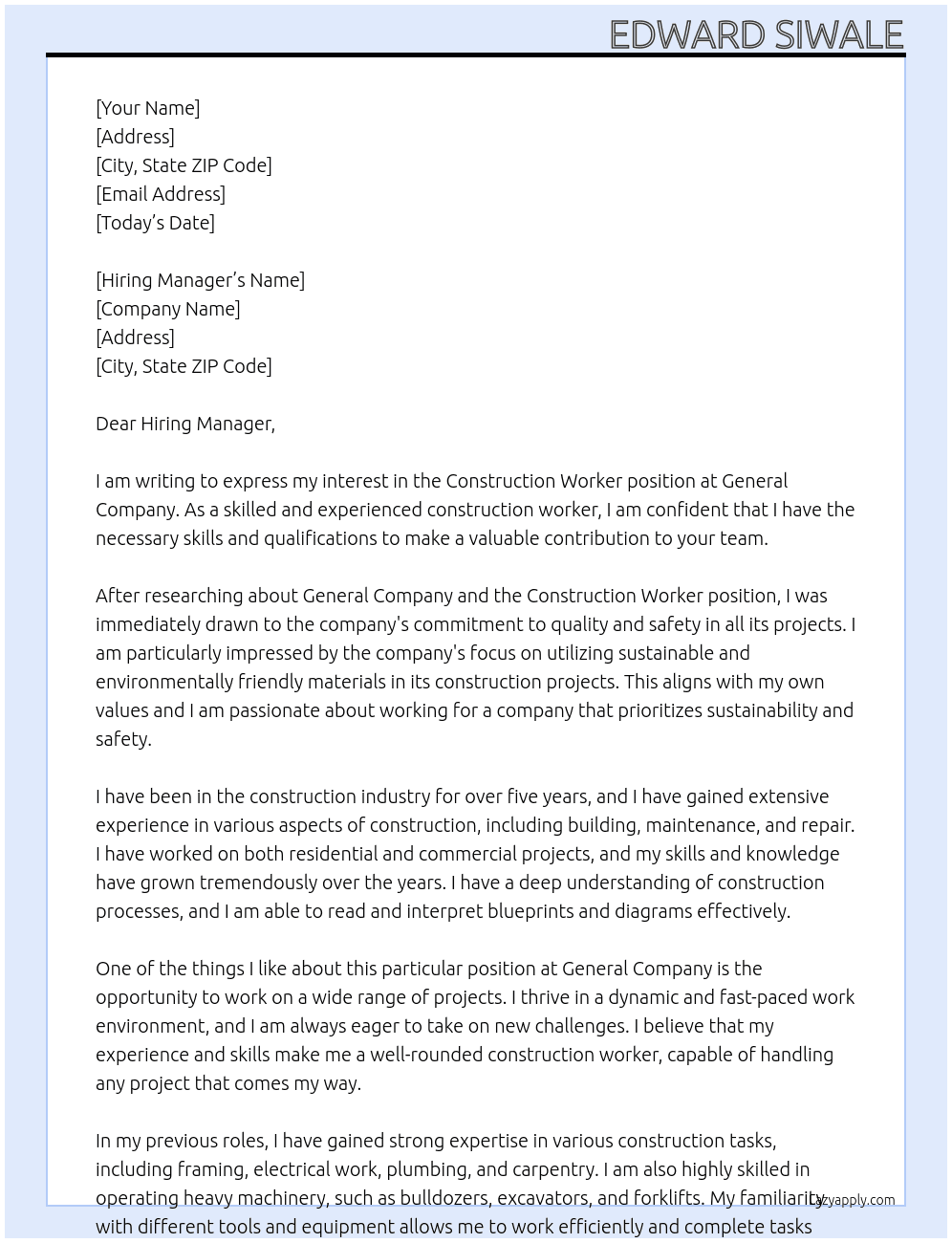 Construction Worker At General Company Cover Letter