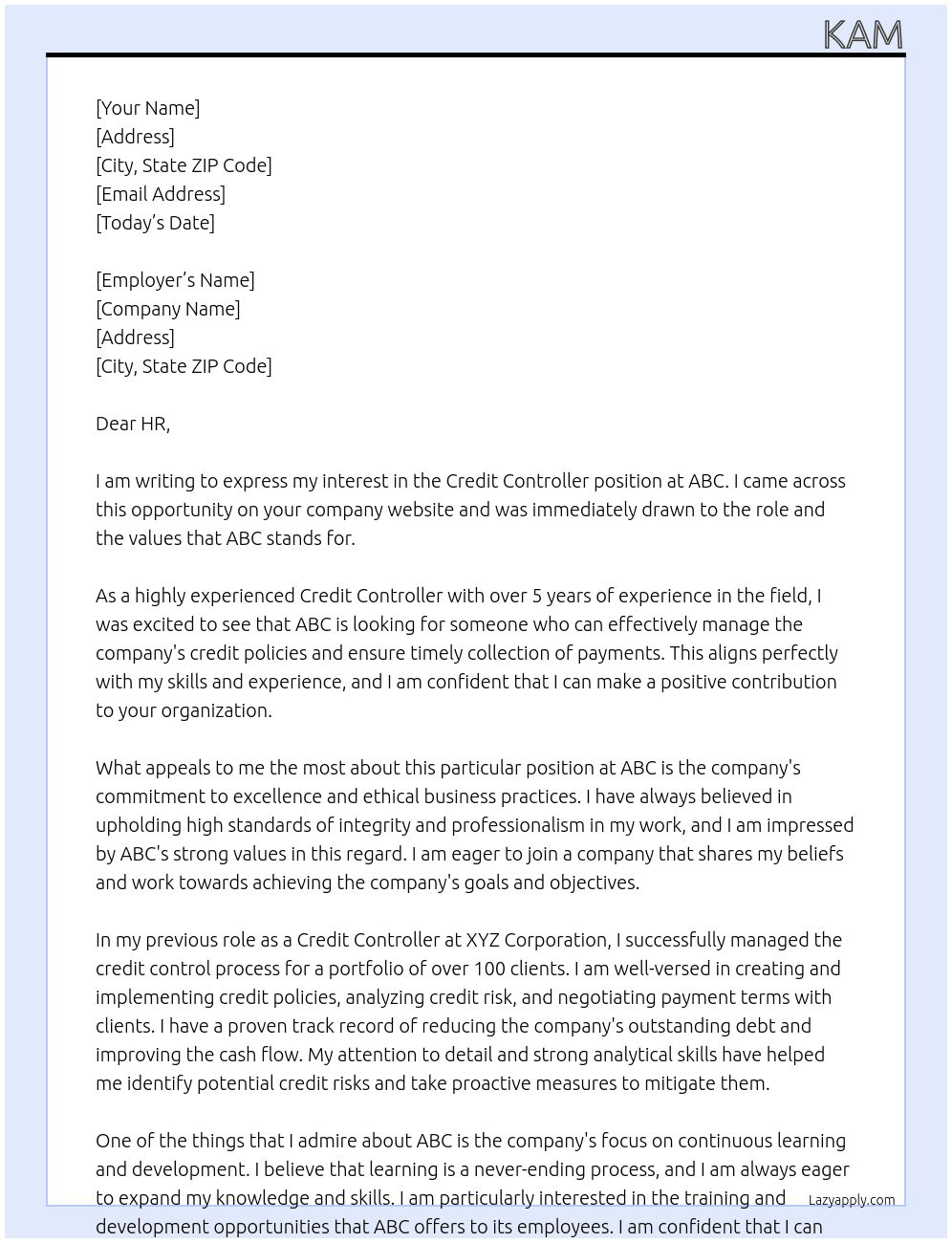Credit Controller At ABC Cover Letter
