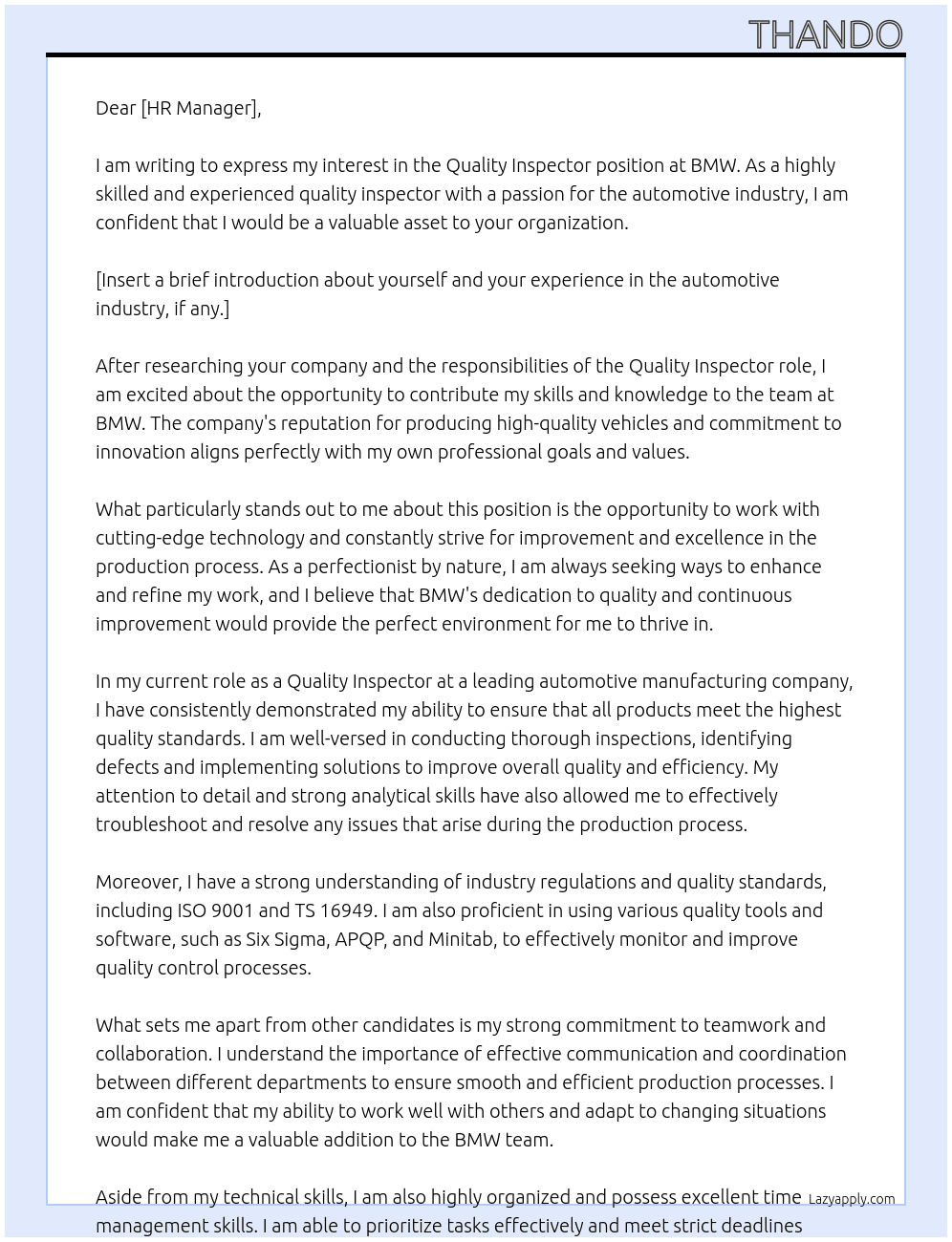 Quality Inspector At BMW Cover Letter