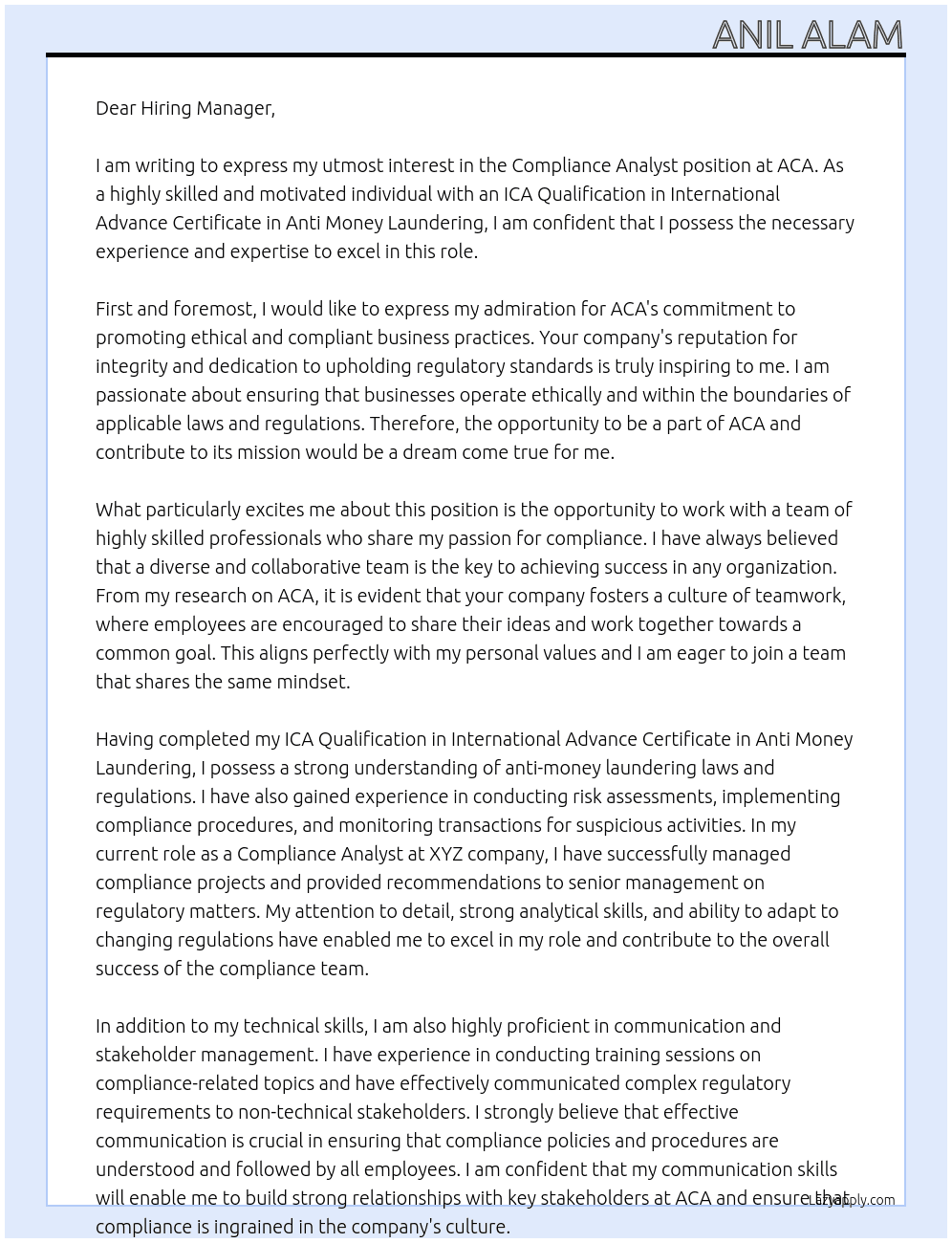 Compliance Analyst  At ACA Cover Letter