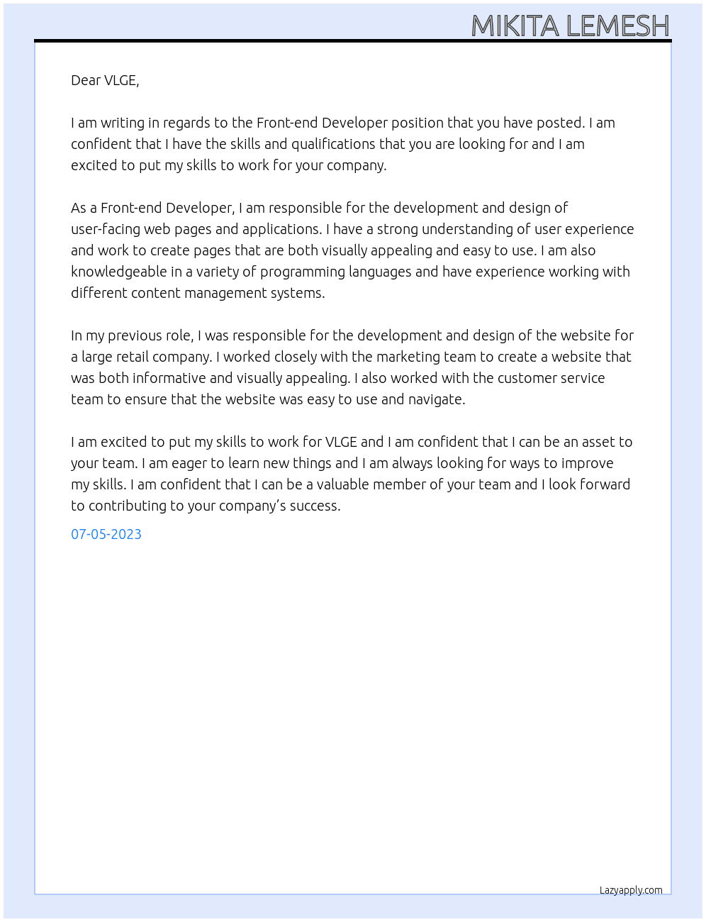 Front-end Developer At VLGE Cover Letter