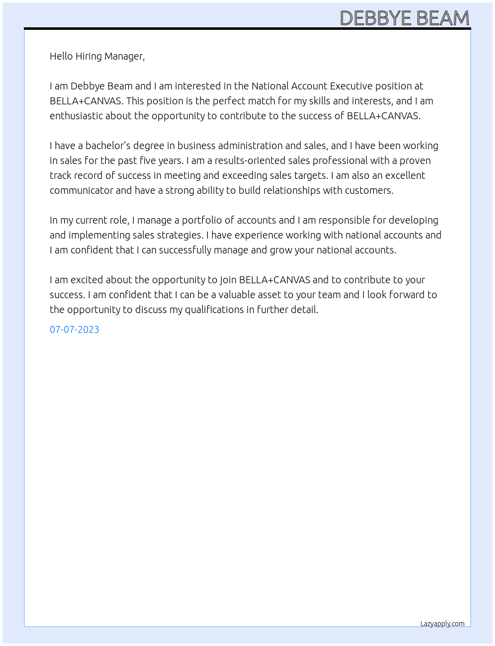 National Account Executive  At BELLA+CANVAS Cover Letter