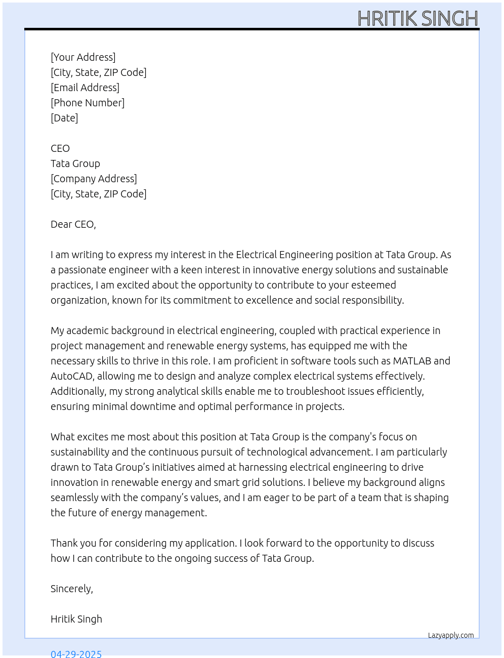 Electrical engineering At Tata group Cover Letter