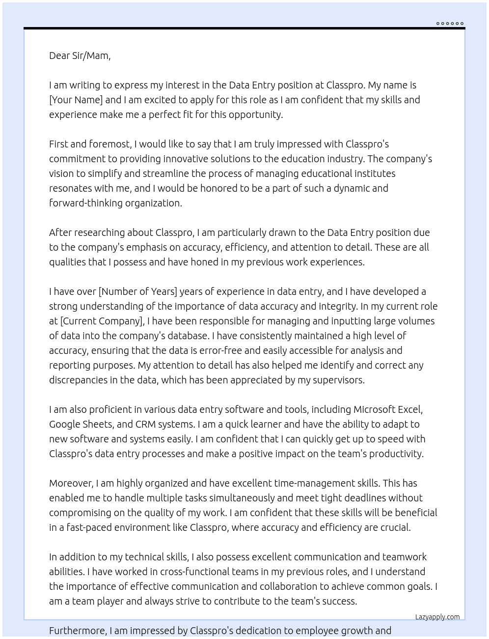 data entry At classpro Cover Letter