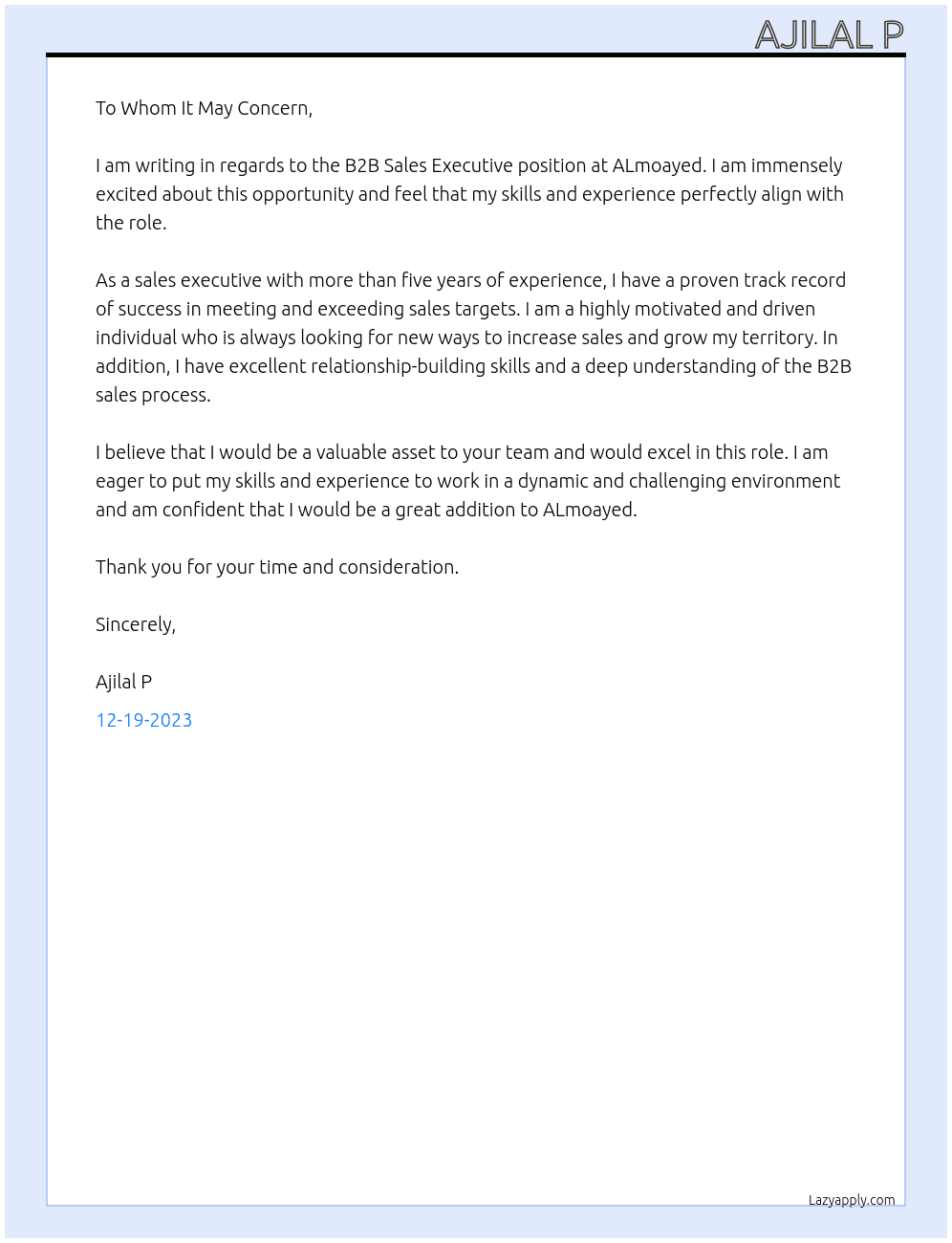 B2B Sales Executive At ALmoayed Cover Letter