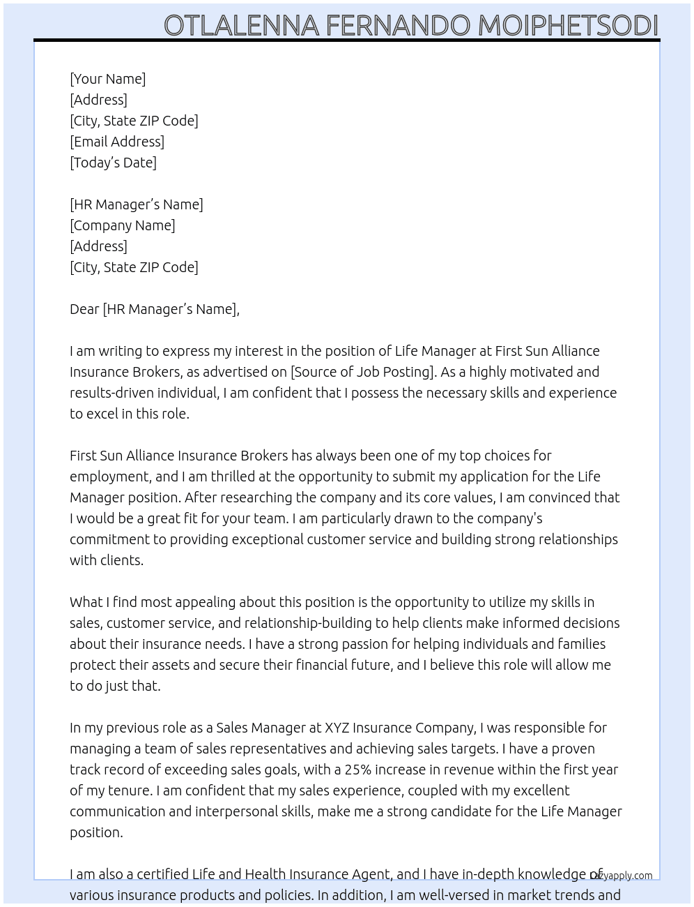 Life Manager At First Sun Alliance Insurance Brokers Cover Letter