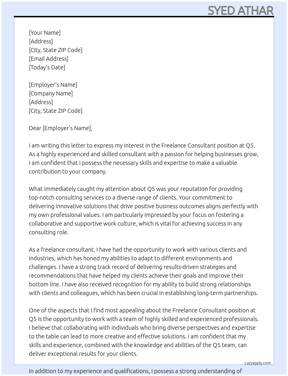 Freelance Consultant At Q5 Cover Letter