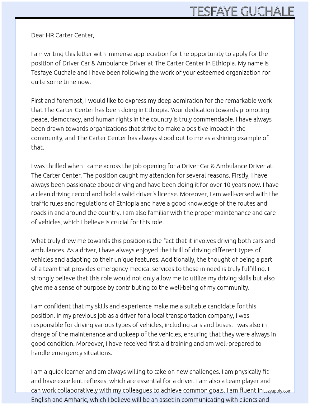 Driver Car & Ambulance Driver  At  The Carter Center - Ethiopia Cover Letter