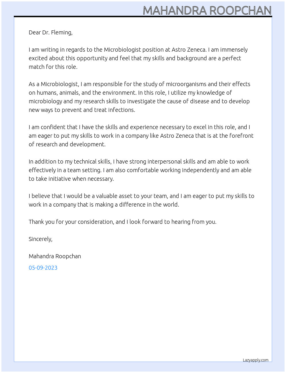 MICRO BIOLOGIST At ASTRO ZENECA Cover Letter