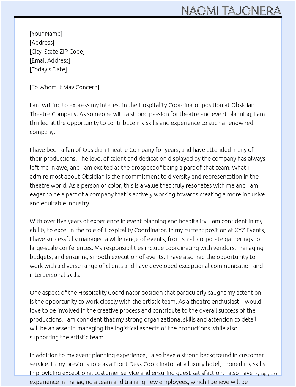 Hospitality Coordinator At Obsidian Theatre Company Cover Letter