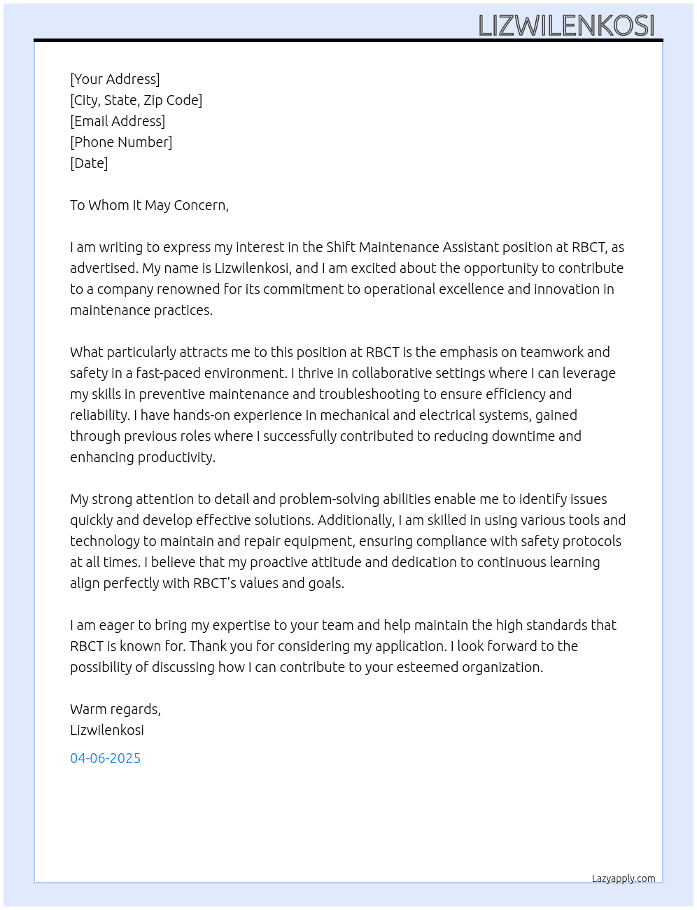Shift Maintenance Assistant  At RBCT Cover Letter