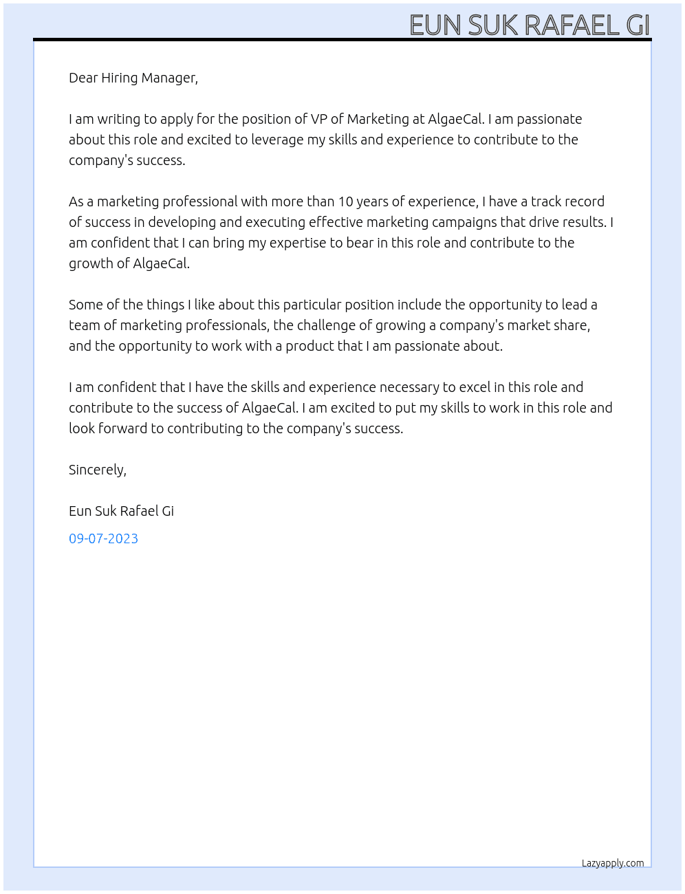 VP of Marketing At AlgaeCal Cover Letter