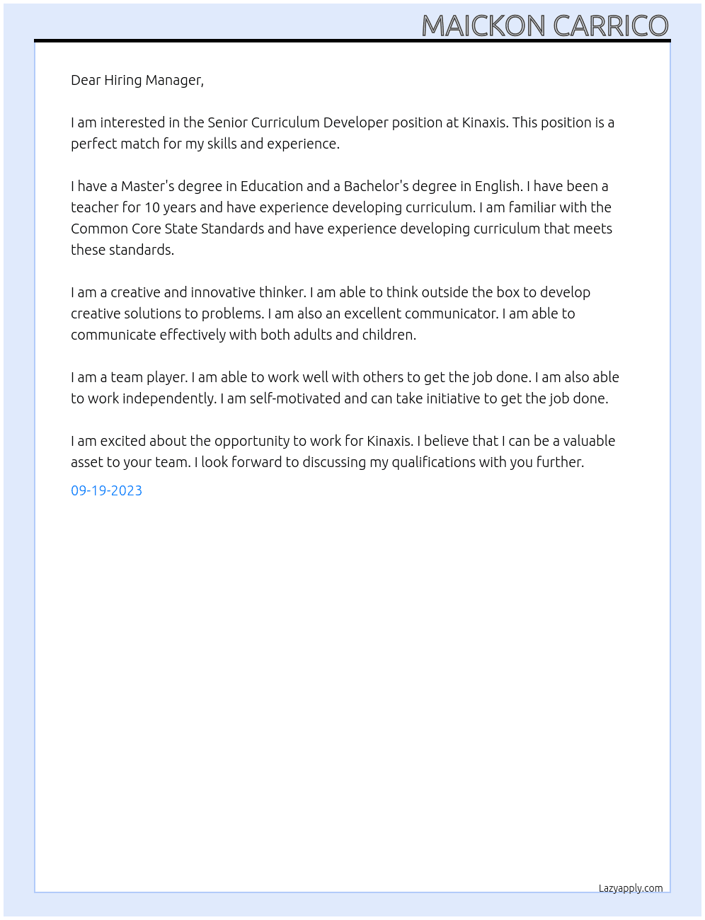 Senior Curriculum Developer At Kinaxis Cover Letter