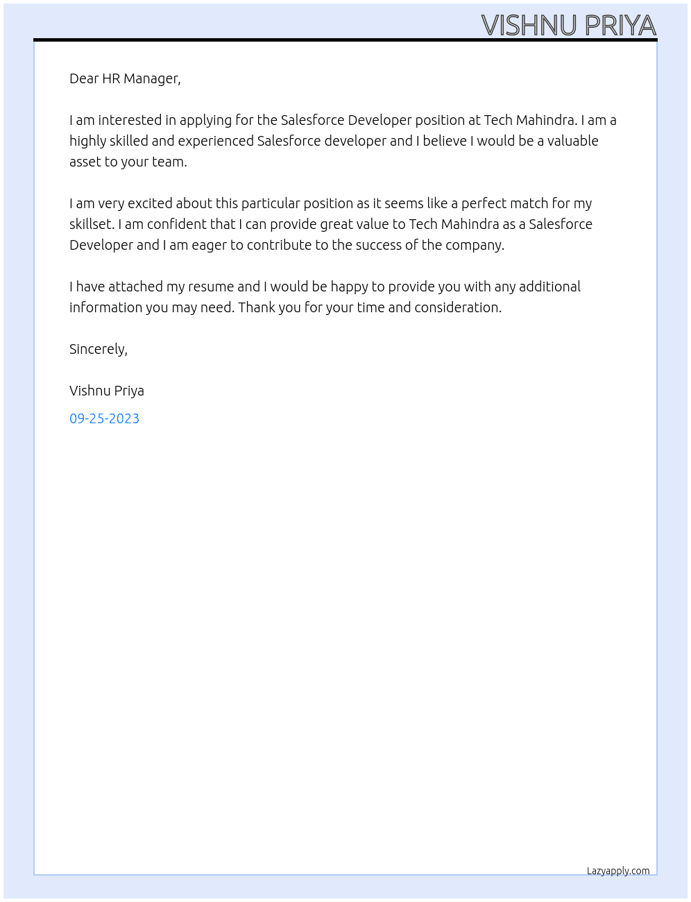 Salesforce Developer At Tech Mahindra Cover Letter