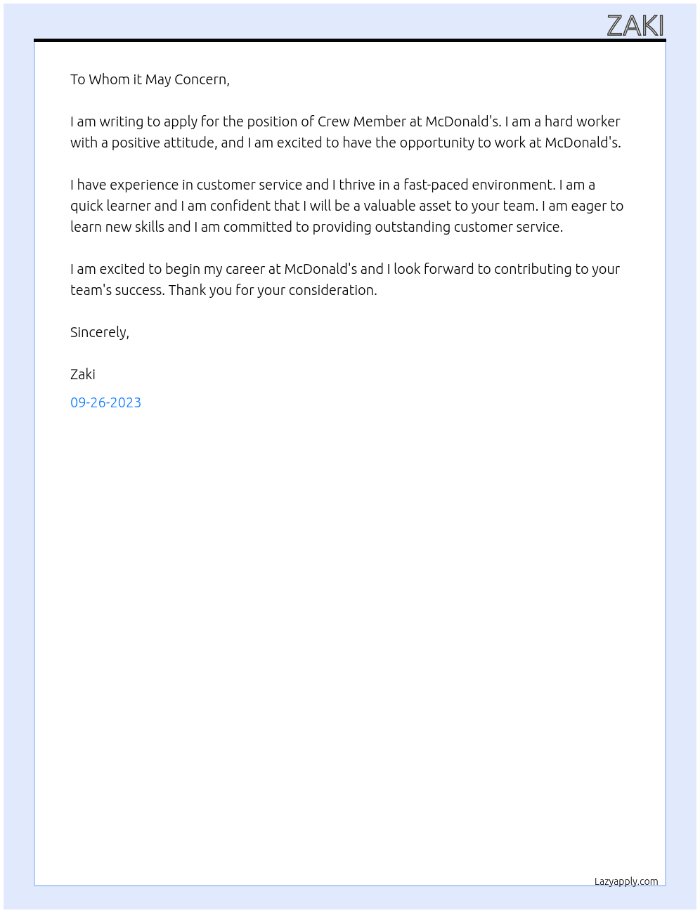 Crew member at mcdonalds At auto shop Cover Letter
