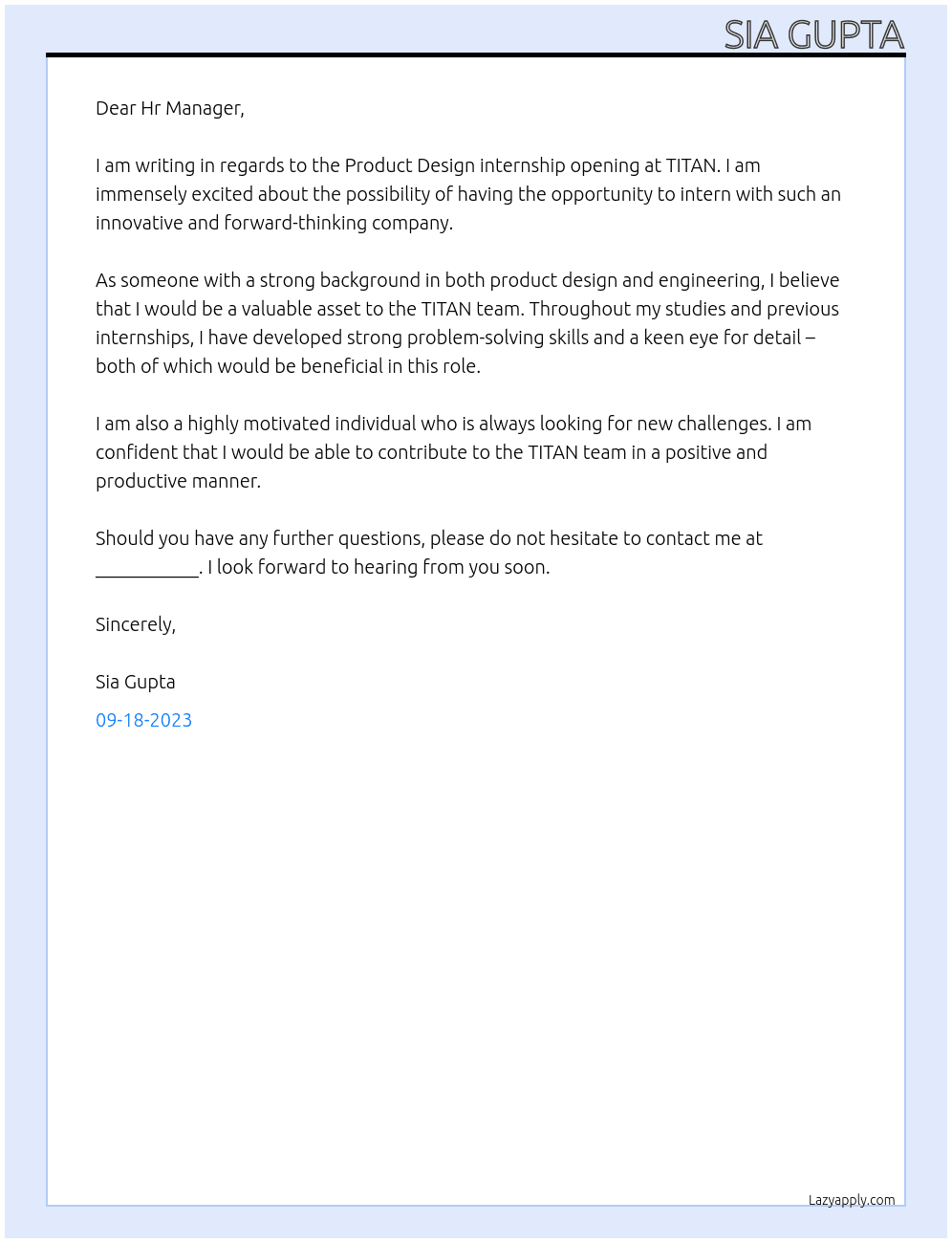 Product Design -INTERN At TITAN Cover Letter
