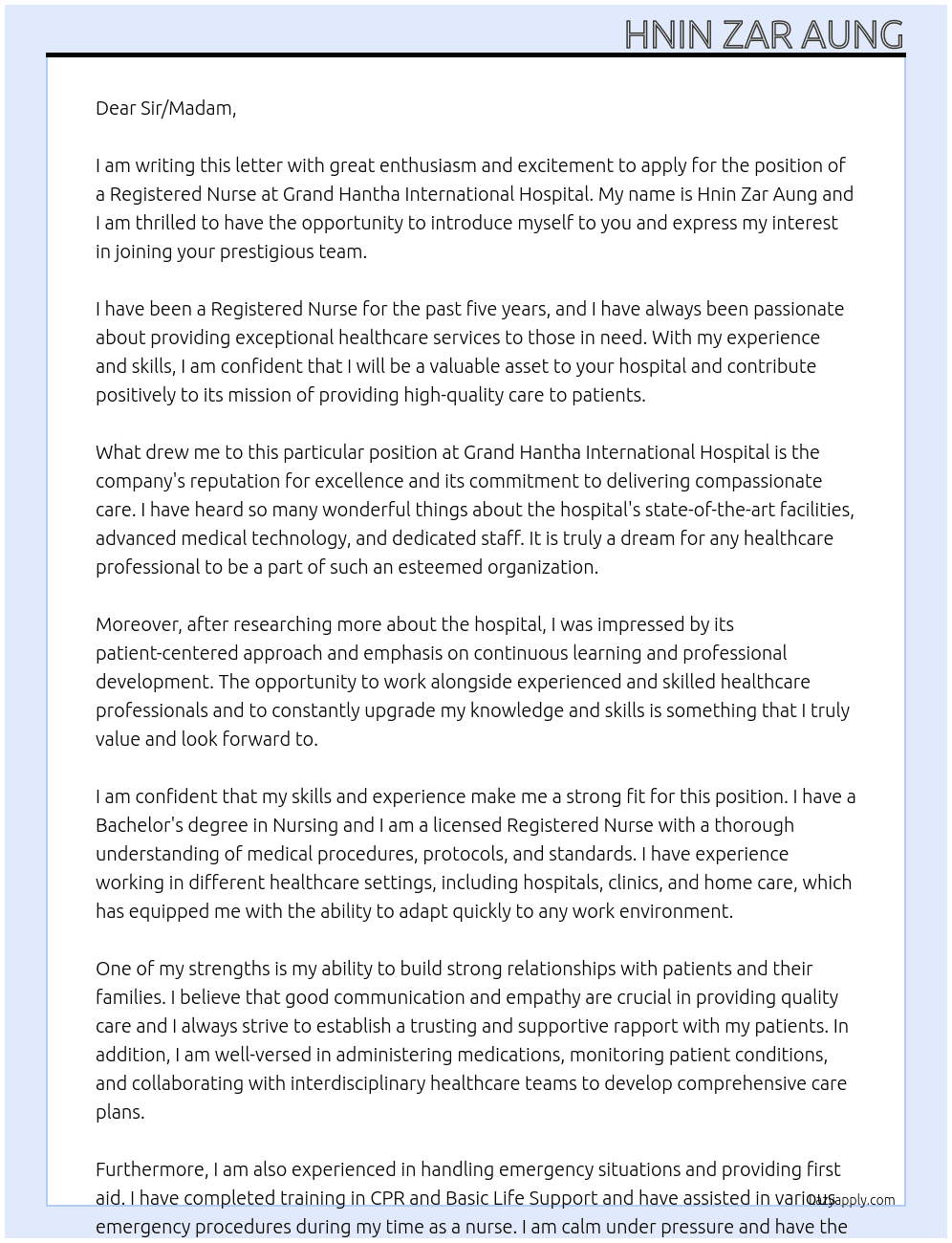 Registered Nurse At Grand Hantha International Hospital Cover Letter