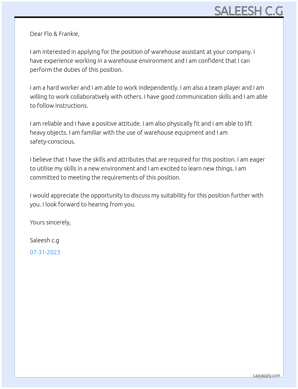 Warehouse assistant At Flo & Frankie Cover Letter