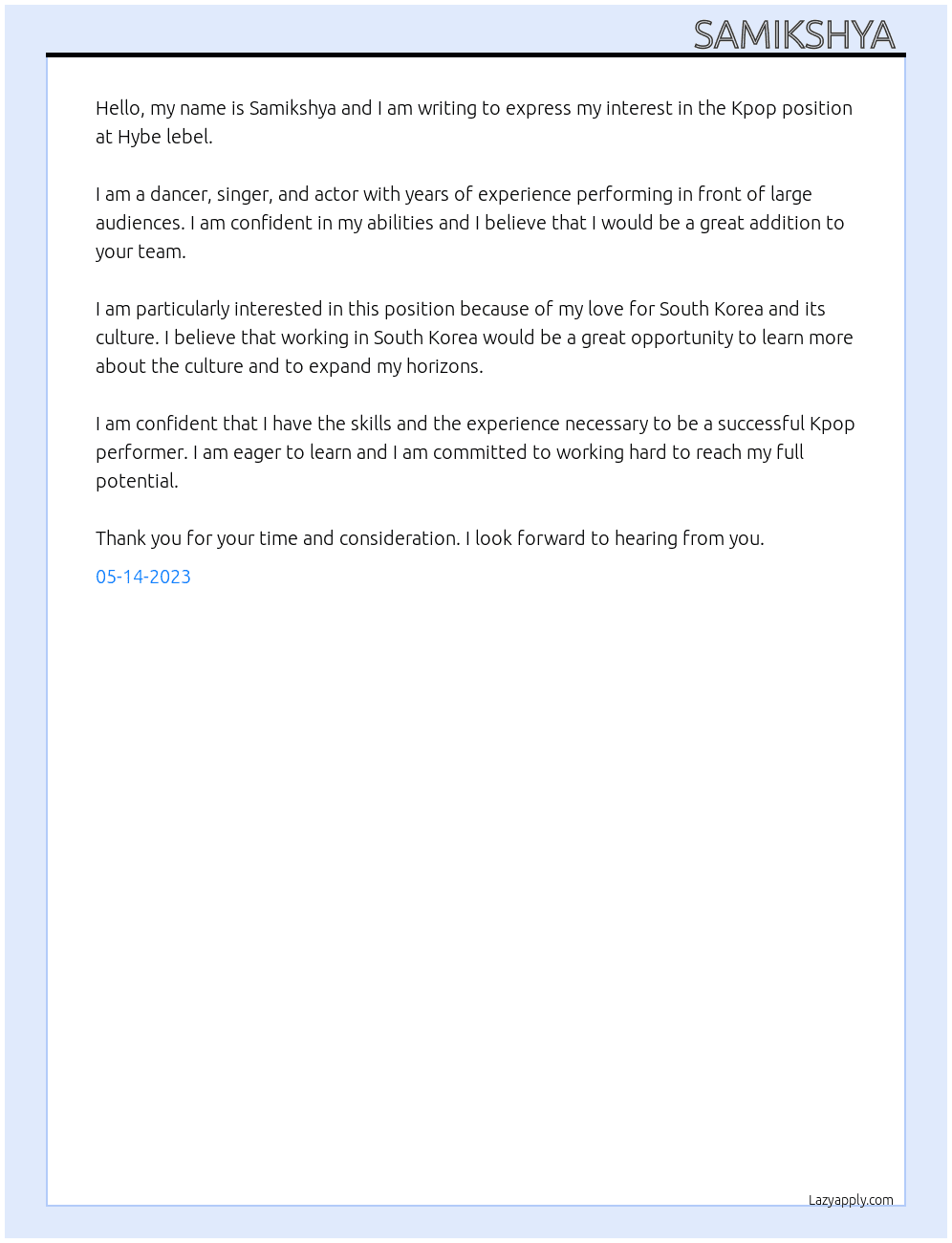 Kpop At Hybe lebel Cover Letter