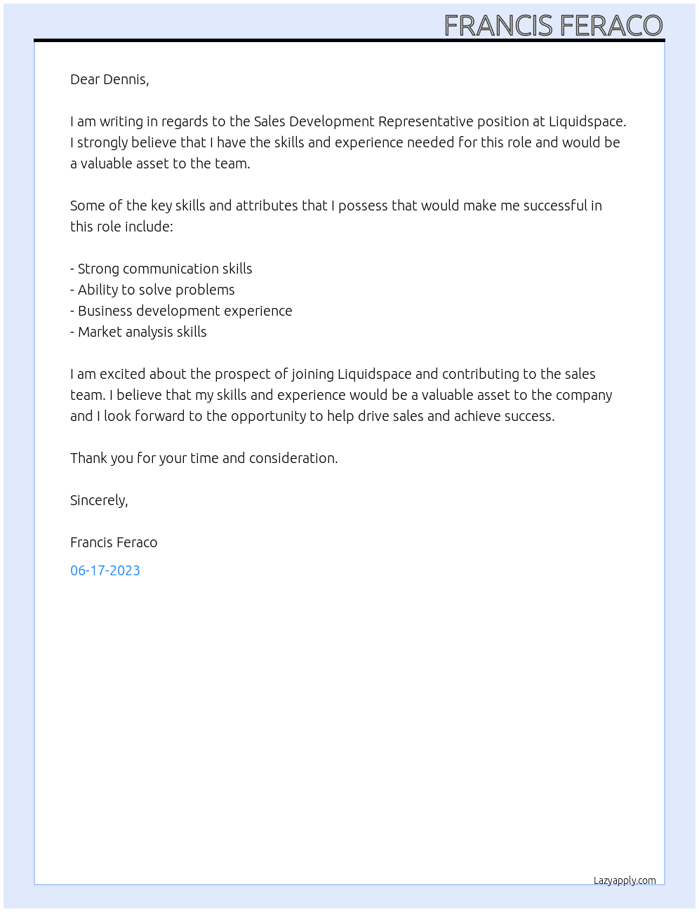 Sales development representative At Liquidspace Cover Letter